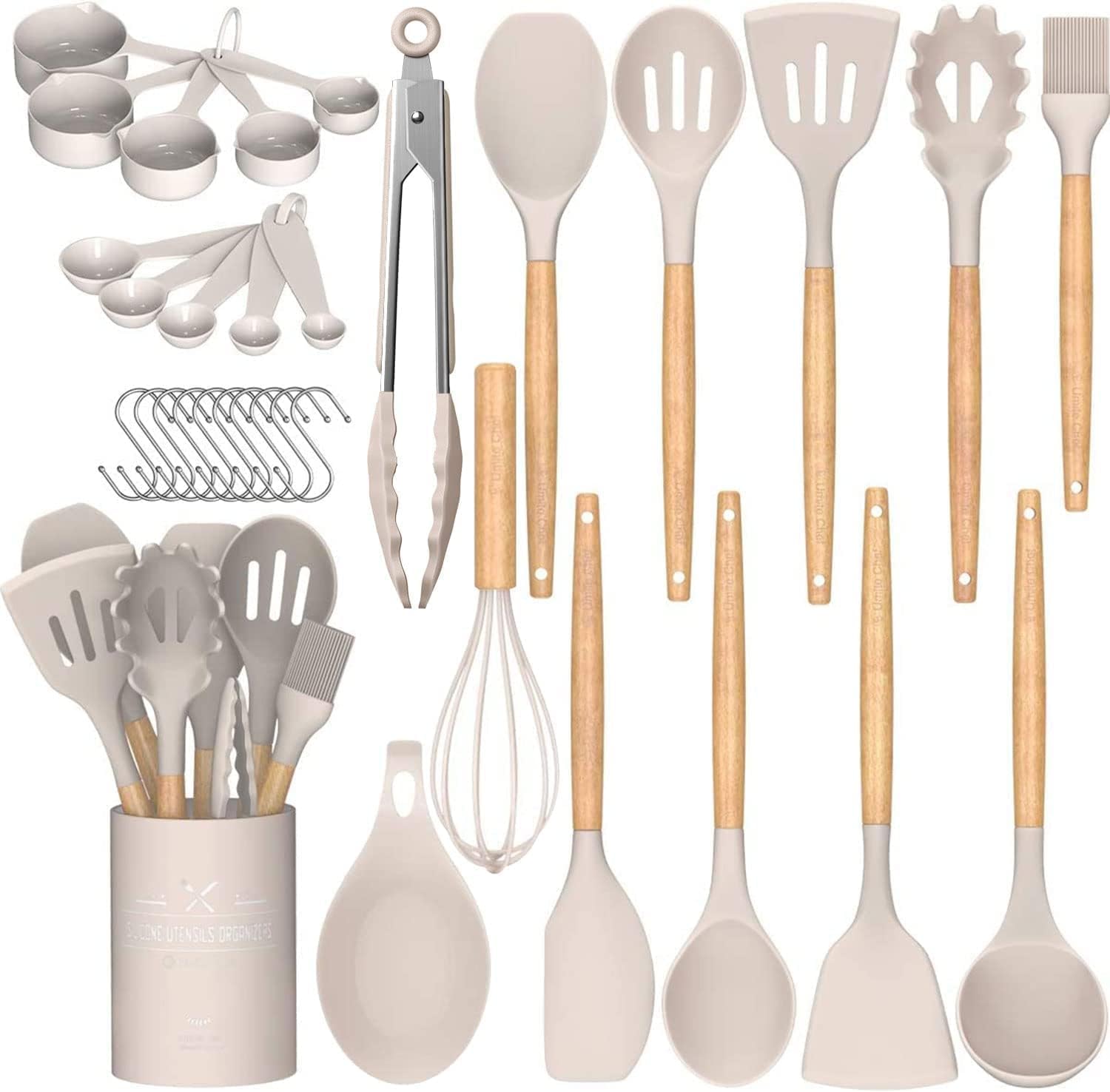 Kitchen Cooking Utensils Set, 33 pcs Non-Stick Silicone Cooking Kitchen Utensils Spatula Set with Holder, Wooden Handle Silicone Kitchen Gadgets Utensil Set